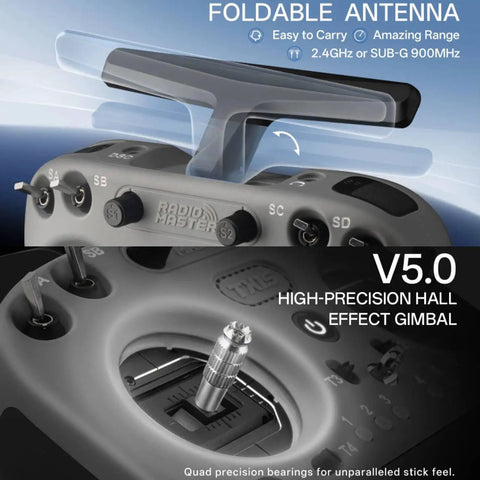Close-up of TX15 Pro 2.4GHz 16 Channel EdgeTX Radio Transmitter with Hall Effect Gimbals and foldable antenna