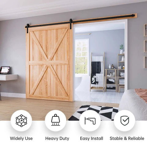 Ten Foot Sliding Barn Door Hardware Track Kit With J Pulley And Ball Bearing Rollers for smooth quiet glide installed on wood door.