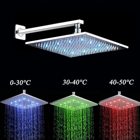 Two Way Chrome Shower System With 10 Inch LED Rain Head Wall Mounted Handheld Sprayer Brass Valve Rough In Body Pro Grade Spa Quality Chrome Finish Air Energy Technology For Consistent Powerful Rain showing temperature based LED colors blue, green, red.