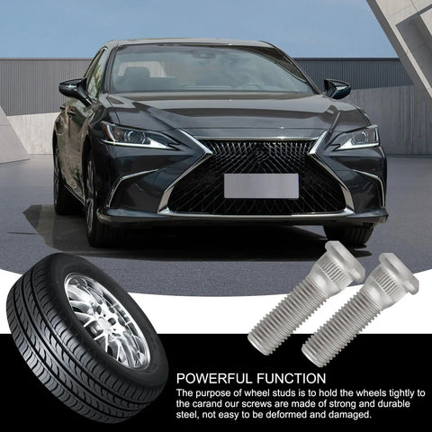 5 Piece Wheel Stud Repair Set, Tough As Nails Steel Lug Bolts, M12x1.5 Threads With 1.8 Inch Length, wheel with car in background.