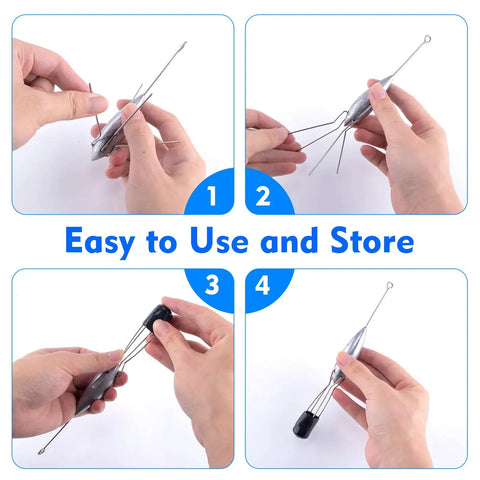 Hands demonstrating how to use and store Sputnik Sinker Spider Lead Weights For Surf Fishing Pyramid Style Two Pack 3 Oz To 10 Oz Each Saltwater Beach Casting And Sea Fishing Accessory For Long Casts Stable Flight And Strong In Currents Durable Beach Gear.