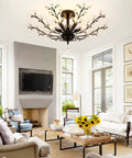 Five Light Crystal Chandelier In Matte Black With Edison E12 Base, 30 Inch Modern Semi Flush Mount Ceiling Fixture in a living room.