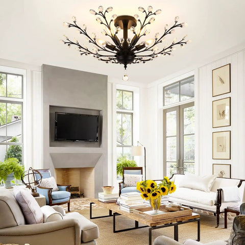 Five Light Crystal Chandelier In Matte Black With Edison E12 Base, 30 Inch Modern Semi Flush Mount Ceiling Fixture in a living room.