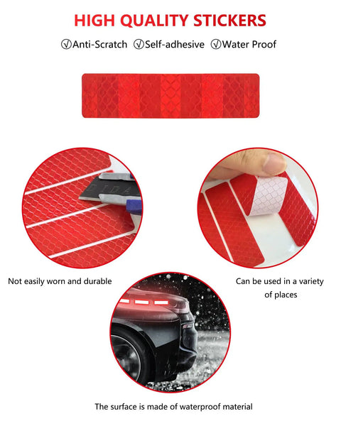 Close-up of red reflective stickers and usage on car for Two Pack Black Aluminum License Plate Frames For Cars, Universal Metal Tag.
