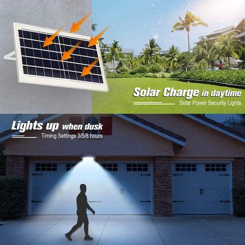 Beastly Bright Outdoor Solar Flood Light With Remote 600 Lumen 80 LED IP65 illuminating garage at dusk