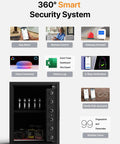 Smart Fingerprint Safe Box With WiFi App Unlock Real Time Alarm Voice Command features and open safe with contents visible.