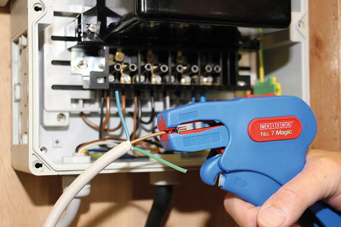 Using No 7 Magic Wire Stripper For Auto Cable Stripping With Fine Adjustable Setting on electrical cables, showing side cutter tool