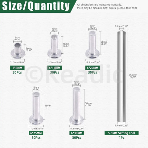 Rivets Assortment Kit With 150Pcs M6 Aluminum Flat Head Semi Tubular Rivets in sizes 8mm to 30mm plus one setter tool
