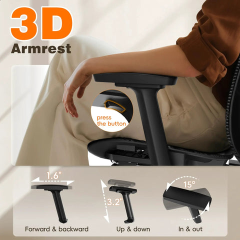 Ergonomic Office Chair With Footrest And 135 Degree Recline For All Day Comfort showing 3D armrests adjustment options.