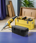 Black Portable Waterproof Tool Box Organizer with Durable PP Hard Case beside yellow tool kit and drill