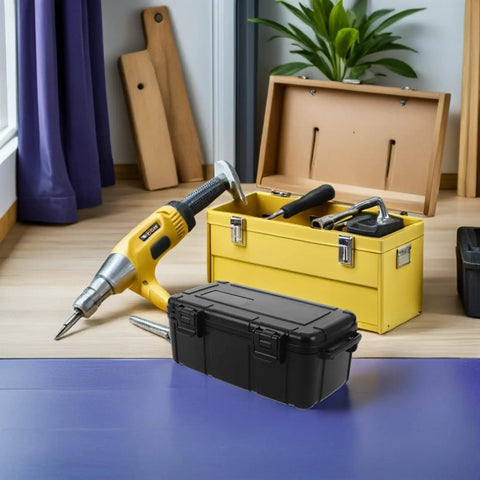 Black Portable Waterproof Tool Box Organizer with Durable PP Hard Case beside yellow tool kit and drill