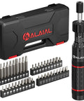 Adjustable Torque Screwdriver Kit 10 To 60 In-Lb With 40 Precision Bits, case, and screwdriver shown in detail