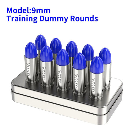 9mm Round Action Training Snap Caps for Dry Fire Practice Realistic Weight Metal Dummy Rounds, Safe Loading Firing, Blue and Silver Caps, 10 Pack