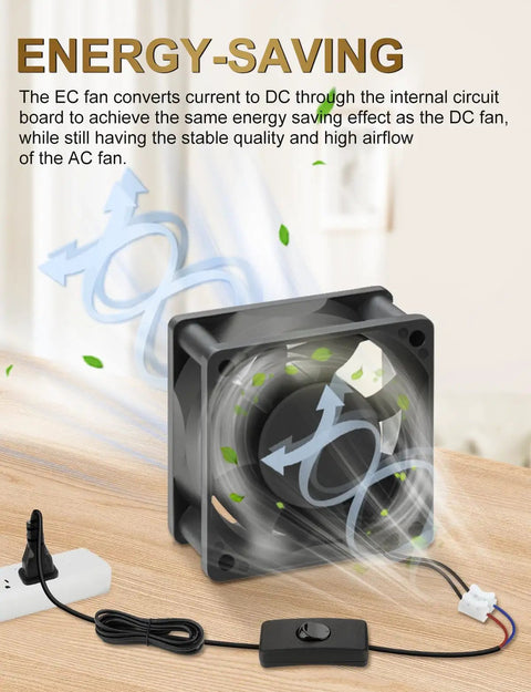 Slick Compact EC Cooling Fan 120V With Dual Ball Bearing For Smooth Airflow features internal circuit and toggle switch for easy setup.