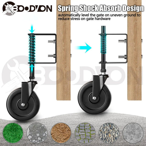 5 Inch Heavy Duty Gate Caster Wheel Set With Spring Loaded Shock Absorption And 360 Degree Rotation For Wooden Gates, Fences, And Metal Tube Gates, 220 Lb Capacity, Black, 2 Pack, shown attached to a wooden gate.