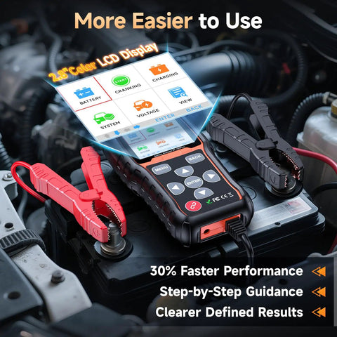 BT705Plus Car Battery Tester 24V 12V Load Tester And Alternator Tester For Fast, Accurate Battery Health Checks Even On Nearly Dead Batteries Built For Pros And DIYs Who Want Fast Results, Clear Readings, And Dependable Performance., handheld car battery tester with 2.8-inch LCD and clamp leads on a battery