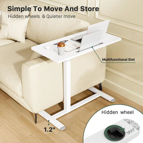 Mobile Standing Desk With Pneumatic Height Adjustment next to couch, showing multifunctional slot and hidden wheels.