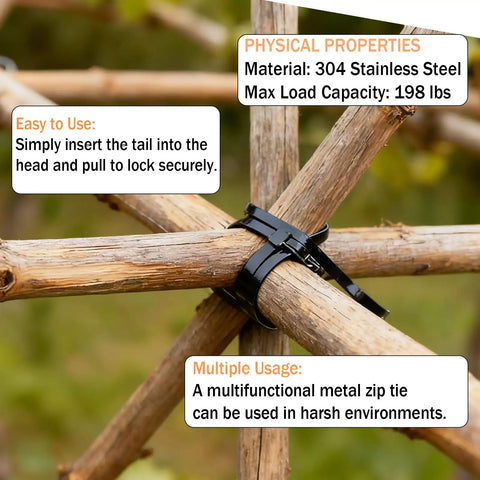 Heavy Duty Metal Zip Ties Kit With Cable Tie Gun, 100 Pack, 11.8 Inch, UV Resistant Black Stainless Steel Ties used on wooden fence