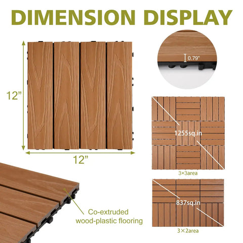 Wood Plastic Composite Patio Deck Tiles Interlocking Kit For Outdoor And Indoor Use, dimensions shown with 12x12 size.