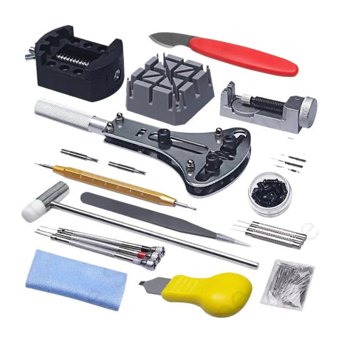 151 Piece Watch Repair Tools Kit with spring bar pins, case back opener, band tools, precision drivers, including pliers and tweezers.