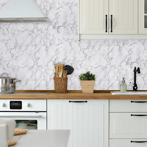 Modern kitchen with Marble Contact Paper Peel And Stick Self Adhesive 15.7 Inch By 118 Inch Glossy White And Grey Marble backsplash