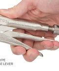 Close-up of hand using Heavy Duty Locking Pliers Set 4 Piece With Straight Jaw 10 Inch Curved Jaw 5 Inch And 10 Inch And Long Nose 9 Inch Ideal For Metalworking Welding Gripping And Assembly In The Workshop showing pull-type release lever.