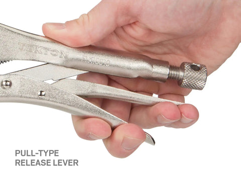 Close-up of hand using Heavy Duty Locking Pliers Set 4 Piece With Straight Jaw 10 Inch Curved Jaw 5 Inch And 10 Inch And Long Nose 9 Inch Ideal For Metalworking Welding Gripping And Assembly In The Workshop showing pull-type release lever.