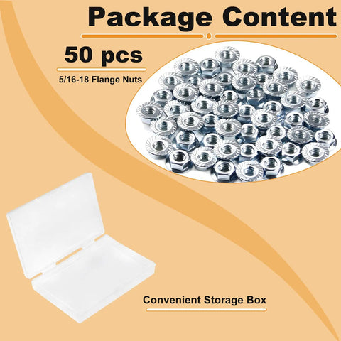 Top Shelf Carbon Steel Serrated Flange Hex Nuts 5/16-18 Inch Assortment Kit in clear storage box, 50 pieces.