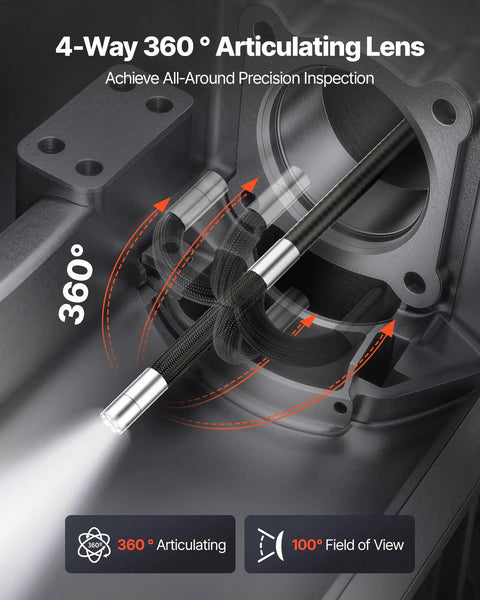 4-Way Articulating Borescope With Light 360° probe inspecting a metal engine bore, 4.9 ft reach
