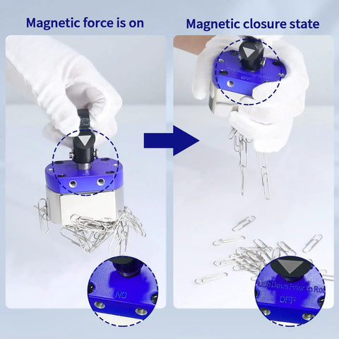 Hands demonstrating Beefy 180 Lb On Off Magnets Magnetic System For Lifting And Welding Holders with paperclips to show magnetic force.