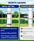 Comparison between metal and plastic zip ties on outdoor fences with features of the Beefy Pro Grade Heavy Duty Stainless Steel Cable Tie Gun Kit.