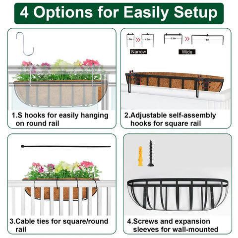 Image showing 4 setup options for Rock Solid Metal Railing Planter Two Pack 24 Inch Rust Proof Window Box with coco liner.