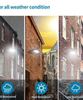 2 Pack 150W LED Parking Lot Light With Dusk To Dawn Photocell showcasing IP65 waterproof, heat, and cold resistance in various weather.