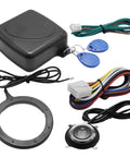 12V Car Alarm System With RFID Keyless Entry And Push Start Button Kit showing components and wiring for vehicle anti-theft security