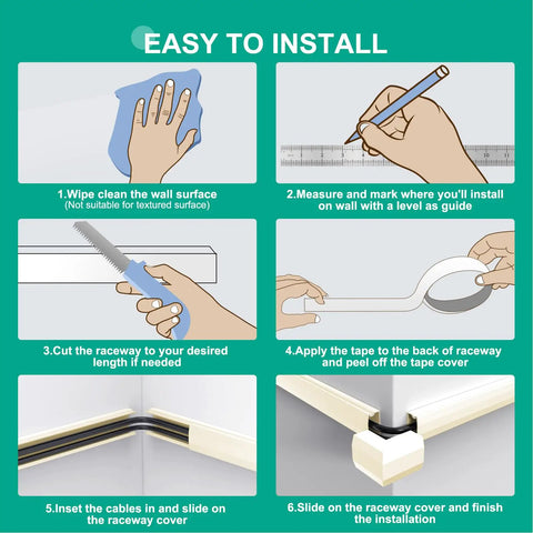 Illustration showing installation steps for 254 Inch Cord Hider for Wall Wires and TV Cables Easy Cable Management Kit.