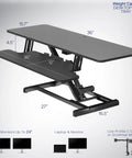 36 Inch Electric Desk Converter For Sit To Stand Dual Monitor And Laptop Workstation With Wide Keyboard Tray And Secure Height Adjustable Riser Built To Last In Black Finish, side view with dimensions