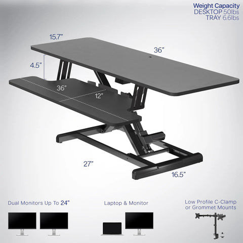 36 Inch Electric Desk Converter For Sit To Stand Dual Monitor And Laptop Workstation With Wide Keyboard Tray And Secure Height Adjustable Riser Built To Last In Black Finish, side view with dimensions