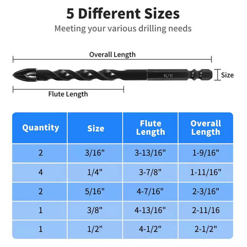 Diagram showing sizes and lengths in 10 Piece Masonry Drill Bit Set With 1/4 Inch Hex Shank For Concrete Brick Tile Glass And Cement Projects
