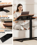 Tiltable Mobile Standing Desk With Wheels Pneumatic Height Adjustable Overbed Table For Laptop And Meals Sit Stand Portable Rolling Desk For Home Office Dual Zone Workspace Easy Roll Walnut with pneumatic lift and one-touch flip features.