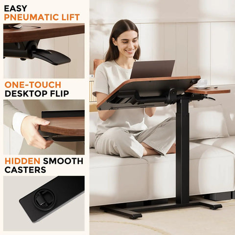 Tiltable Mobile Standing Desk With Wheels Pneumatic Height Adjustable Overbed Table For Laptop And Meals Sit Stand Portable Rolling Desk For Home Office Dual Zone Workspace Easy Roll Walnut with pneumatic lift and one-touch flip features.