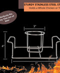 Diagram of Premium Stainless Steel Beer Can Chicken Roaster Stand For Grill And Smoker With Handle Fits Regular 12 Ounce Cans Secure Bottom Crossbar Easy Outdoor BBQ Accessory For Juicy Smoky Chicken, showing dimensions 4x7x3 inches.