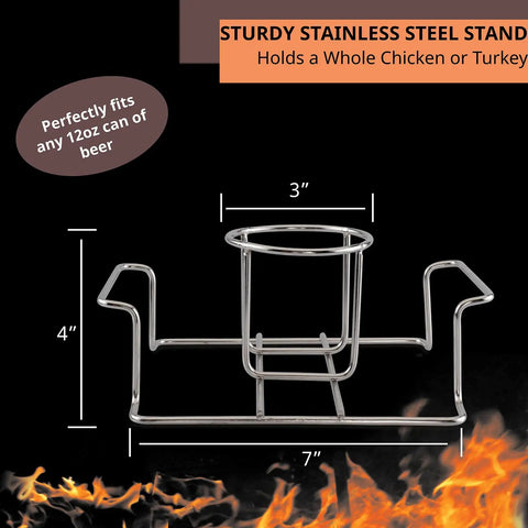 Diagram of Premium Stainless Steel Beer Can Chicken Roaster Stand For Grill And Smoker With Handle Fits Regular 12 Ounce Cans Secure Bottom Crossbar Easy Outdoor BBQ Accessory For Juicy Smoky Chicken, showing dimensions 4x7x3 inches.
