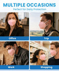 People wearing KN95 Face Mask 50 Pack, 5 Ply Breathable Pink Masks, Cup Shaped Dust Safety Face Coverings in various settings.