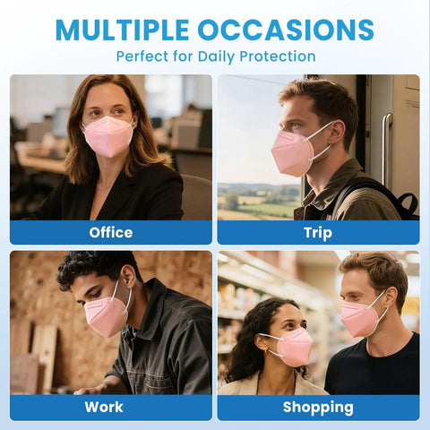 People wearing KN95 Face Mask 50 Pack, 5 Ply Breathable Pink Masks, Cup Shaped Dust Safety Face Coverings in various settings.