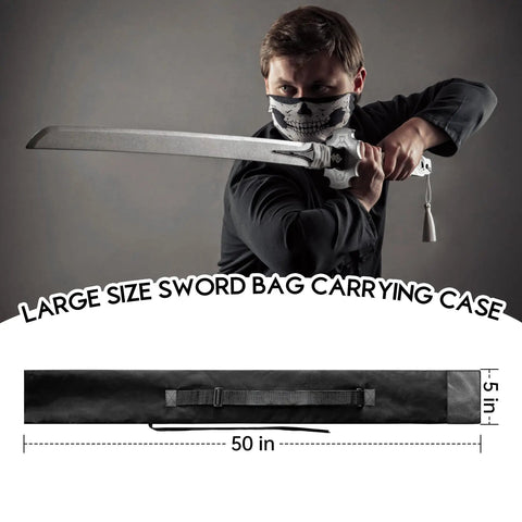 Large Sword Bag 51 Inch Katana Case With Adjustable Straps shown with measuring scale, suitable for cosplay and storage.