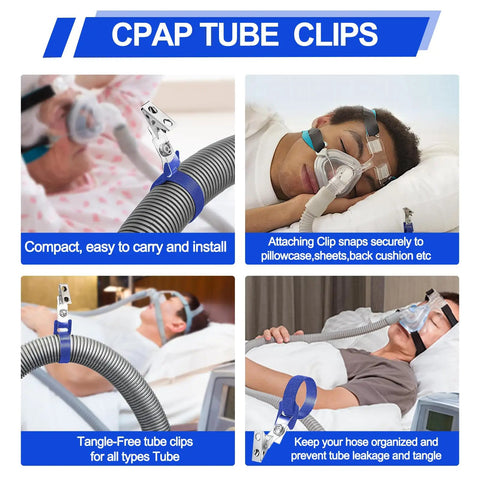 All In One CPAP Cleaning Kit With Cleaner And Hose Brush showing CPAP tube clips in use with mask and tubing