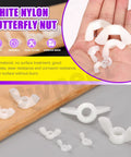 White Nylon Wing Nuts Assortment Kit With 110 Pieces And Seven Metric Sizes M3 M4 M5 M6 M8 M10 M12, various sizes shown.