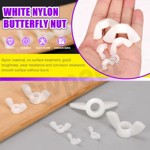 White Nylon Wing Nuts Assortment Kit With 110 Pieces And Seven Metric Sizes M3 M4 M5 M6 M8 M10 M12, various sizes shown.