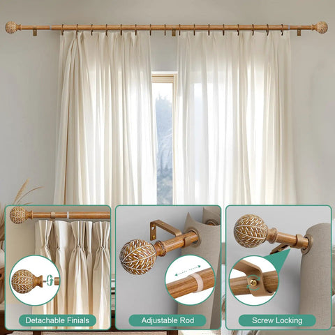 Imitation Wood Grain Ball Curtain Rod Set With Brackets Built Tough 1 Inch Adjustable Drapery Rods For Windows Fits 36 To 150 Inches Boho Rustic Finish, displayed with close-up details of finials and mounting brackets.