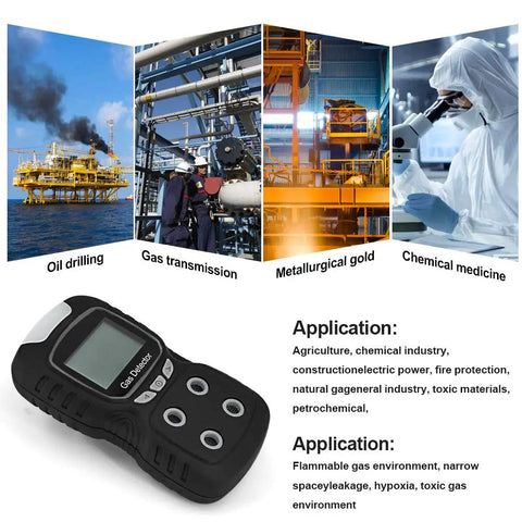 Portable 4 Gas Detector With LCD Display For On The Go Use, Rechargeable Clip On Gas Monitor shown with industrial settings.